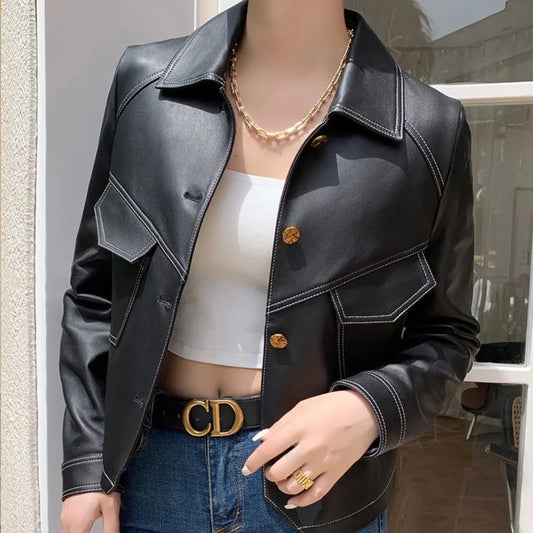 Coat Collar Buckle Leather Women's Short Slim-fitting Biker Jacket CJWY1912078