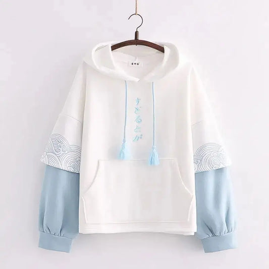 Embroidered Sleeves Wave Print Contrast Color And Velvet Padded Pullover Hoodie Women CJNS1027238