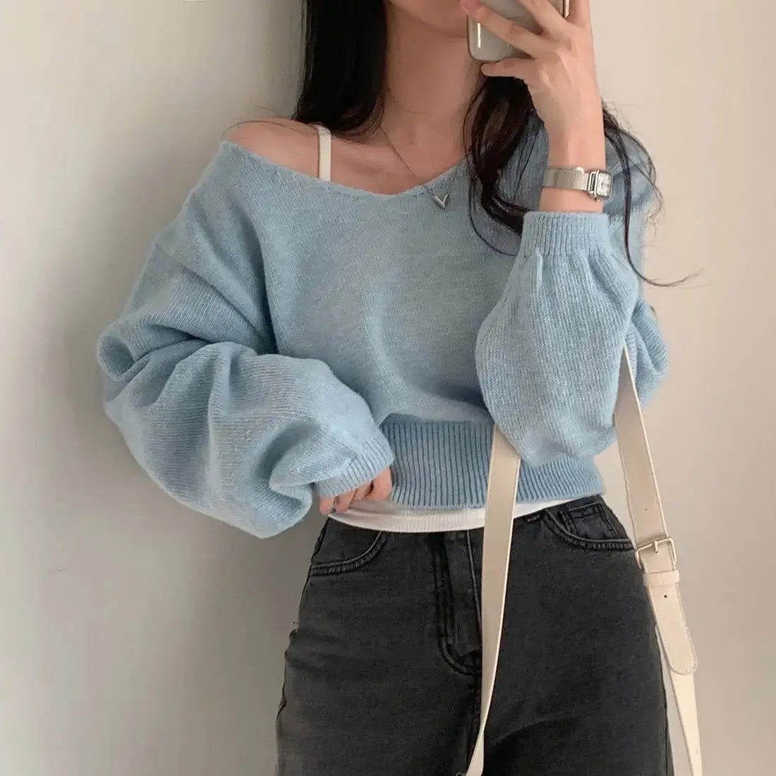 Fall V-neck Long-sleeve Knitwear Female Loose Cropped Sweater CJNS1027238