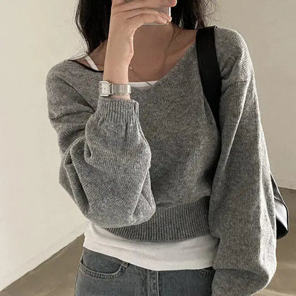 Fall V-neck Long-sleeve Knitwear Female Loose Cropped Sweater