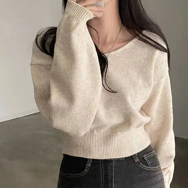 Fall V-neck Long-sleeve Knitwear Female Loose Cropped Sweater