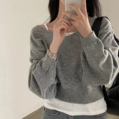 Fall V-neck Long-sleeve Knitwear Female Loose Cropped Sweater CJNS1027238