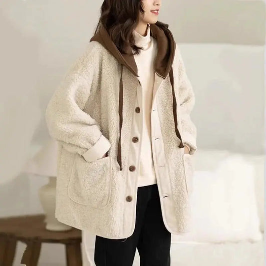 Lamb Wool Fleece-lined Hooded Women's Short Jacket CJWY1912078