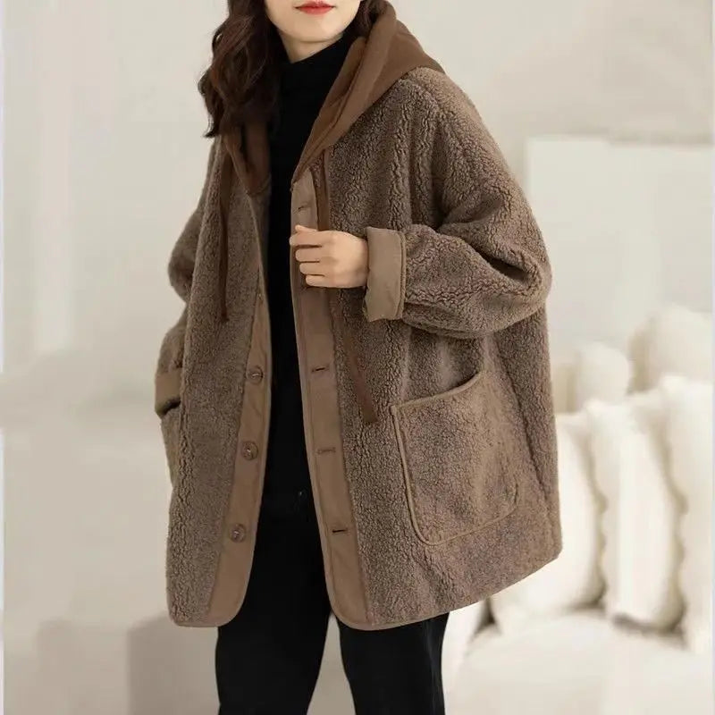 Lamb Wool Fleece-lined Hooded Women's Short Jacket CJWY1912078