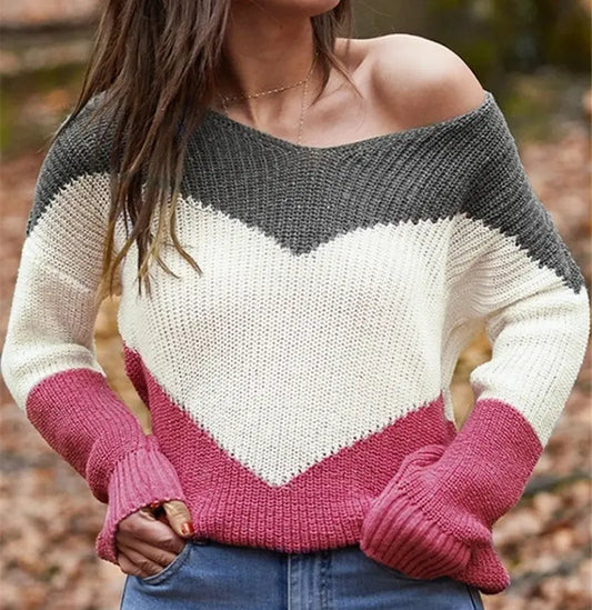 New European And American Foreign Trade Knitwear Amazon Popular Color Matching V-Neck Long Sleeve Loose Knit Sweater CJWY1912078