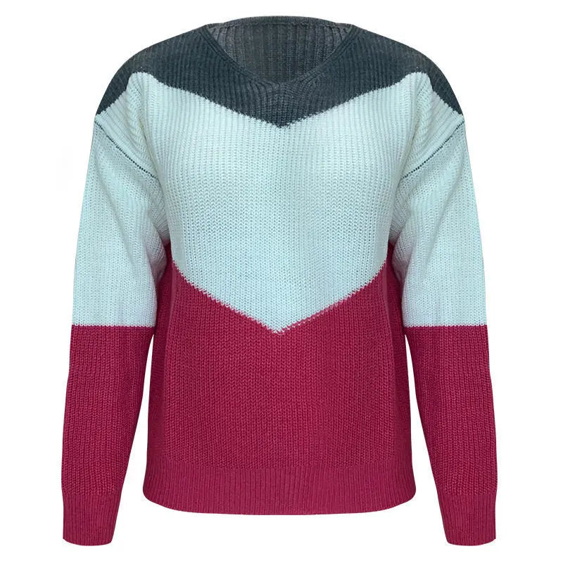 New European And American Foreign Trade Knitwear Amazon Popular Color Matching V-Neck Long Sleeve Loose Knit Sweater CJWY1912078