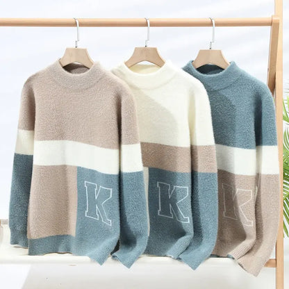 Round Neck Jacquard Color Matching Long Sleeve sweater - InsPrint