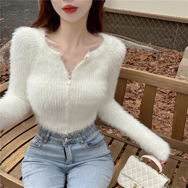 Pure Desire Style Hot Girl Mink-like Wool Short Sweater Top Elegant Slim Sexy Niche Cardigan CJMY1912096