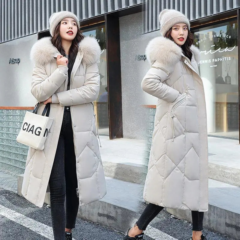 Waist-in-knee Padded Quilted Jacket With Thick Fur Collar CJWY1912078