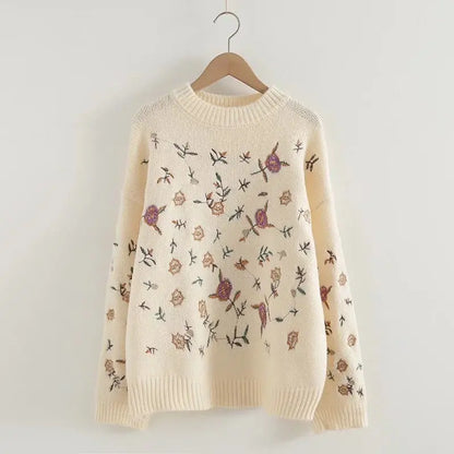 Winter Retro Embroidered Long Sleeve Crew Neck Pullover Sweater CJWY1912078