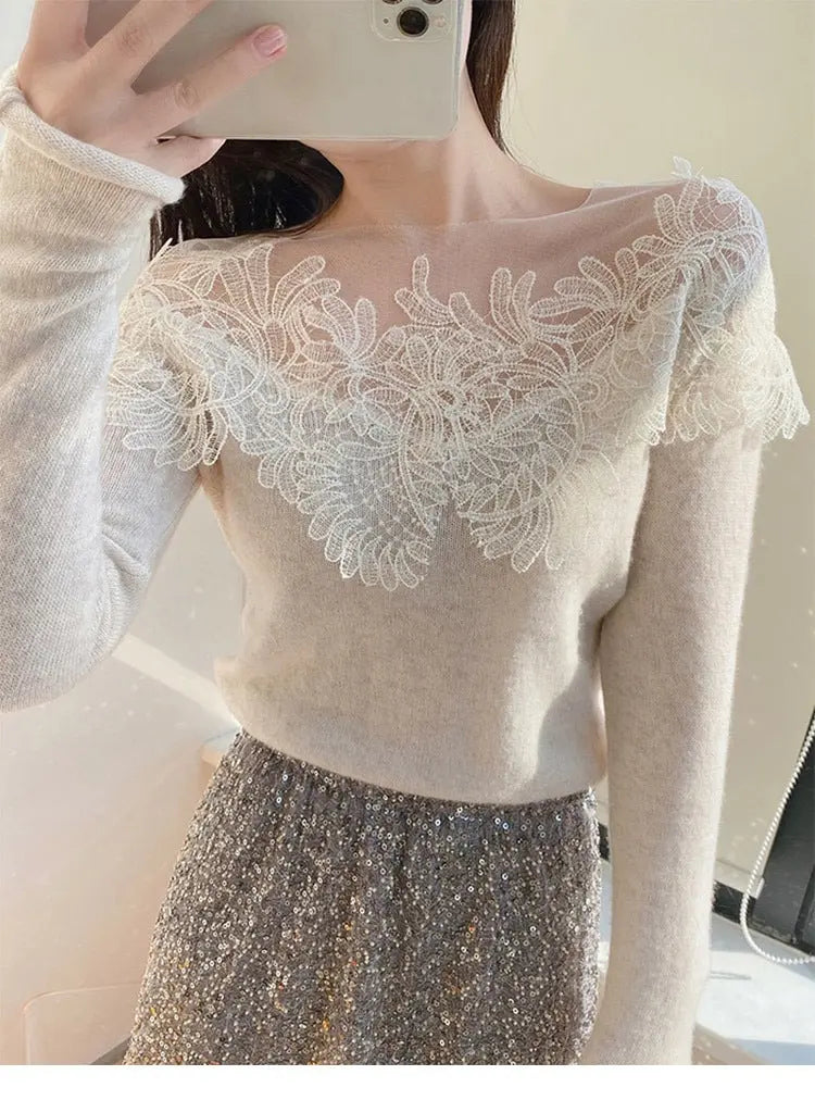 Women's Lace Stitching Embroidered Cashmere Sweater Top CJWY1912078