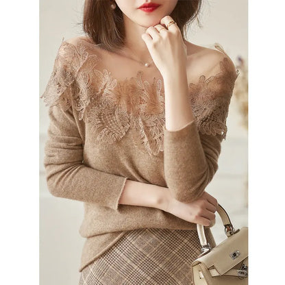 Women's Lace Stitching Embroidered Cashmere Sweater Top CJWY1912078