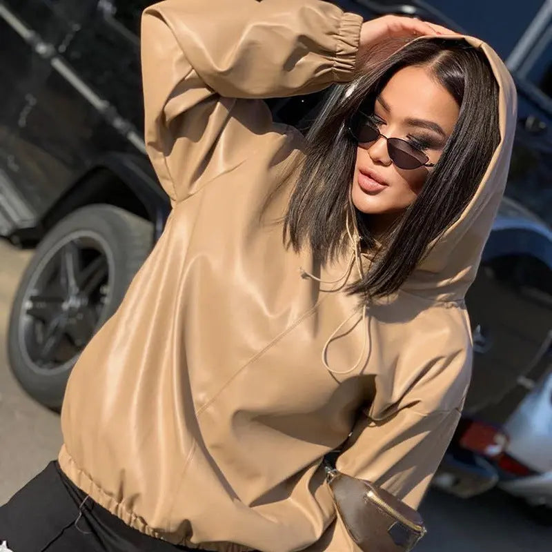 Women's Leather Versatile Round Neck Hoodie CJWY1912078