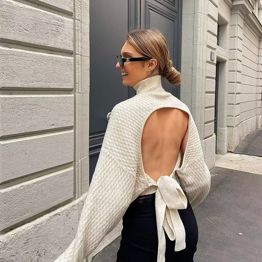 New Backless Design Half-high Collar Long Sleeves Short Sweater CJMY1909180