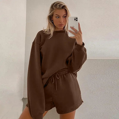 Round Neck Pullover Sweatshirt Shorts Suit - InsPrint