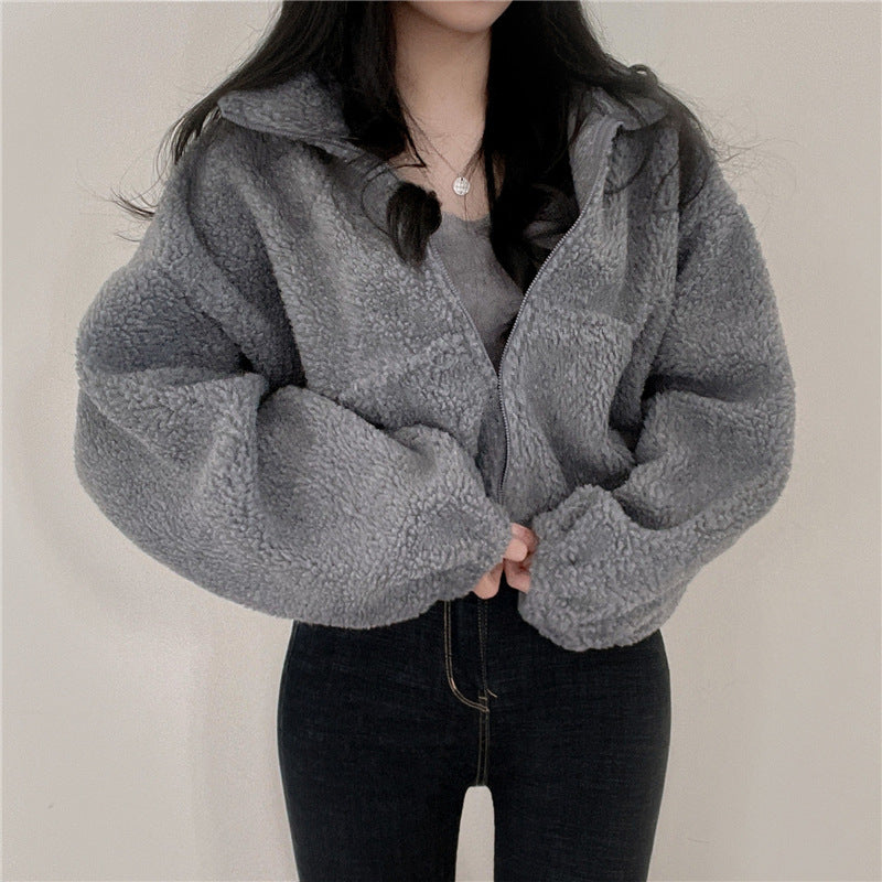 Stand-up Collar Thermal Faux Lamb Fur Sweater - InsPrint