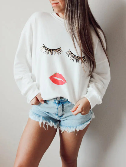 Round Neck Eyelashes Lip Printings Long Sleeve Loose Sweatshirt - InsPrint