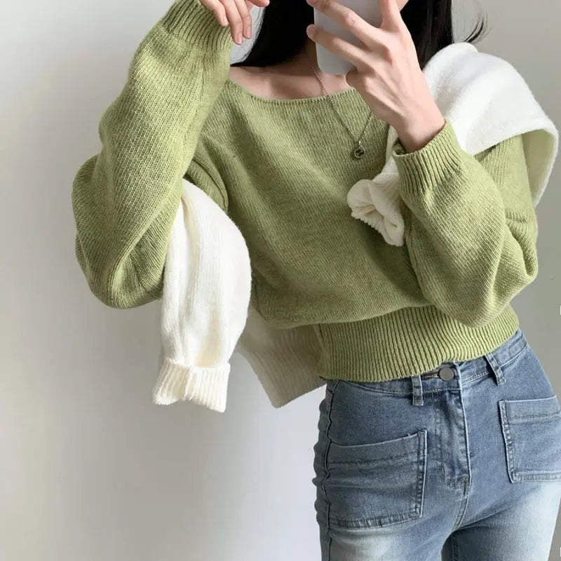 Waist-tight Hem Long Sleeve Pullover Short Sweater - InsPrint