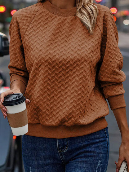 Solid Color Textured Round Neck Sweater - InsPrint