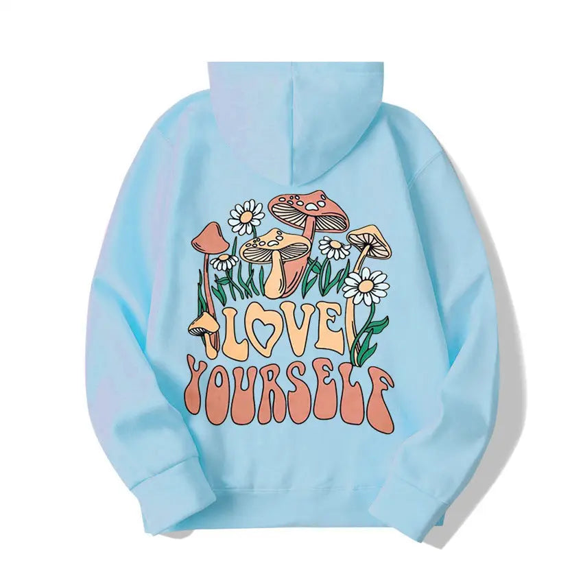 Plus Size Loose Mushroom Slogan Hoodie - InsPrint