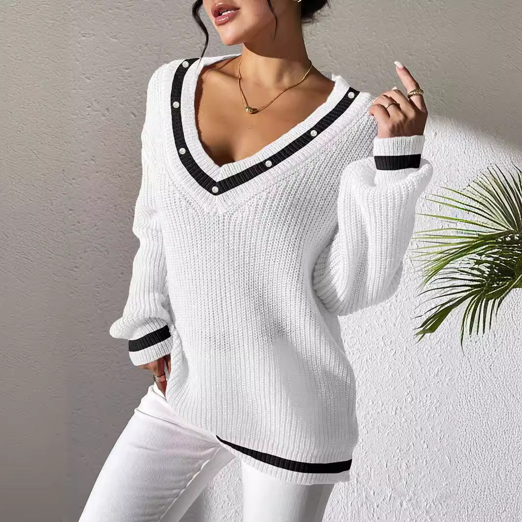 Women's Top Colour Contrast Patchwork V-neck Long Sleeve Sweater - InsPrint