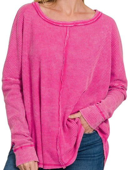 Women's Washed Waffle Back-stitched Long-sleeved Sweatshirt - InsPrint