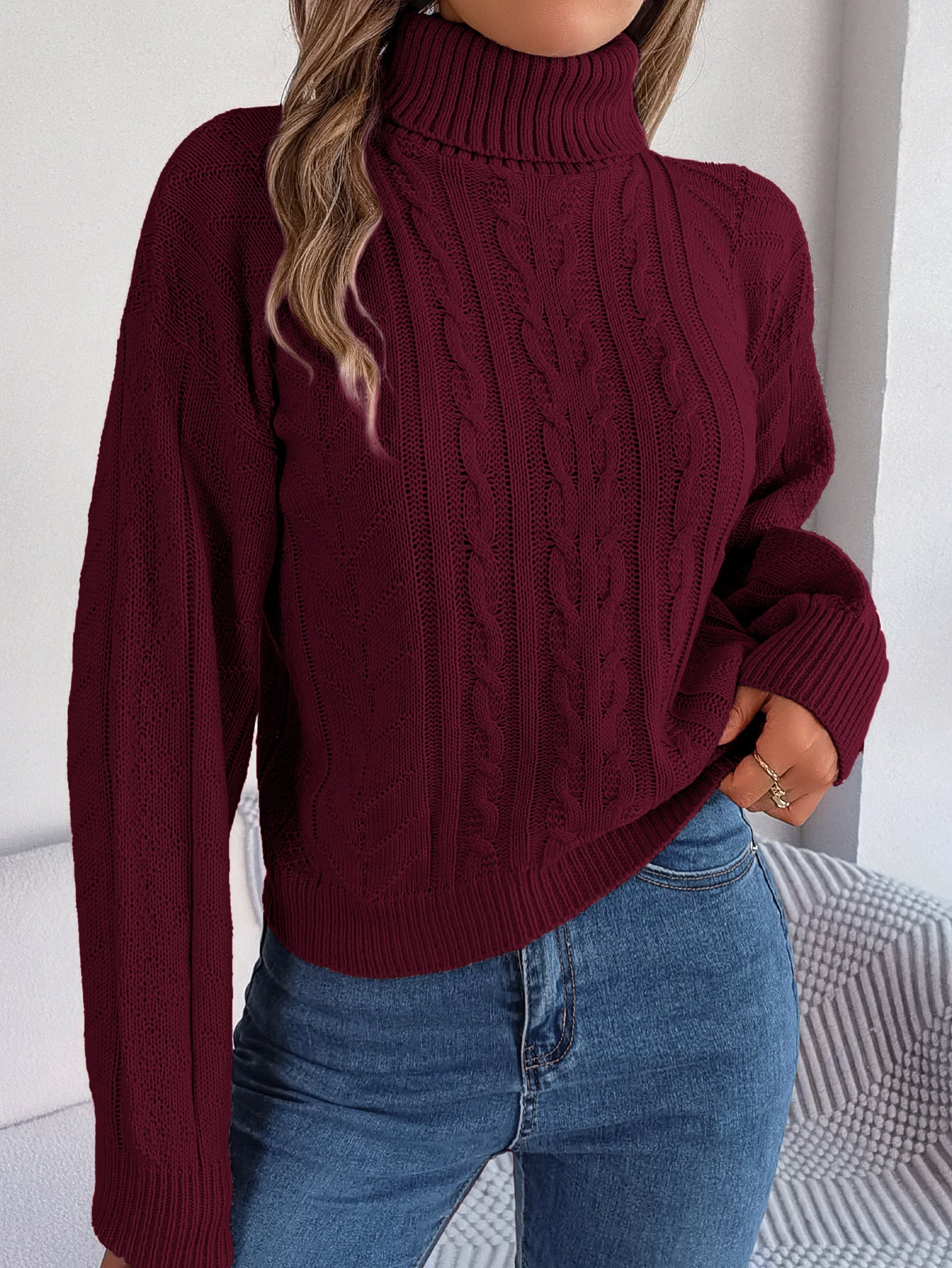 Loose High Collar Twist Long Sleeve Knitted Pullover Sweater - InsPrint