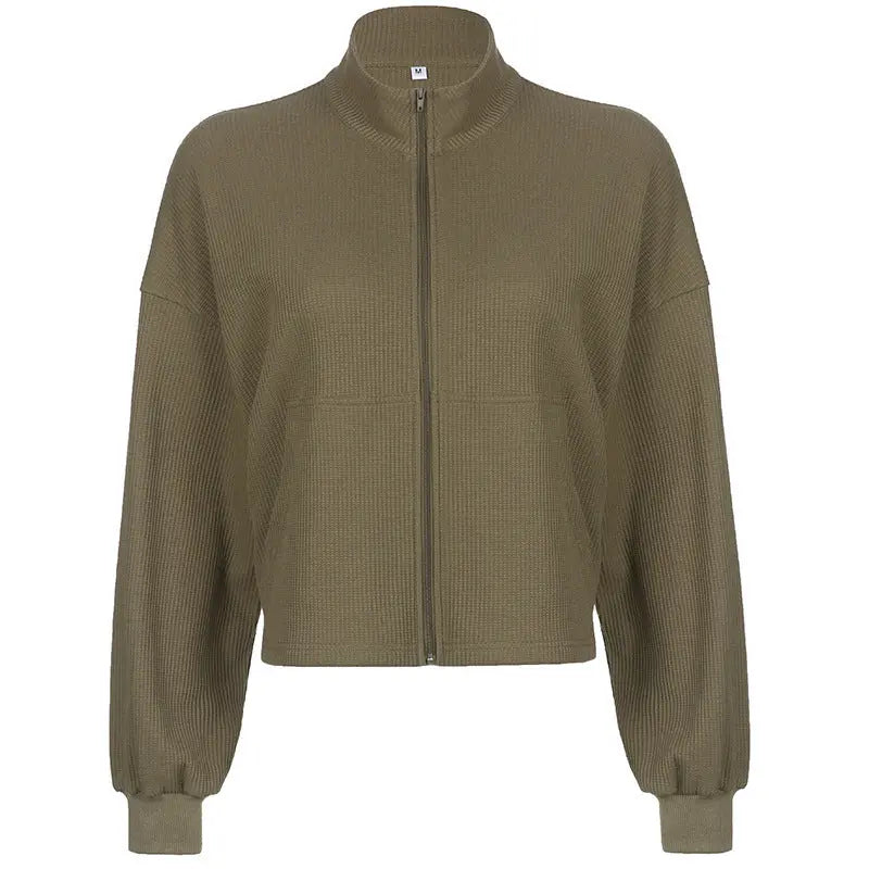 Women's Army Green Cropped Waffle Jacket - InsPrint