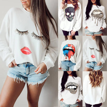 Round Neck Eyelashes Lip Printings Long Sleeve Loose Sweatshirt - InsPrint