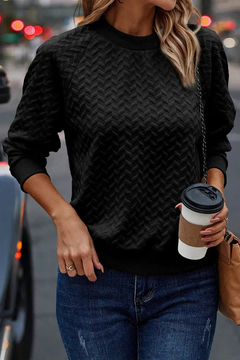 Solid Color Textured Round Neck Sweater - InsPrint