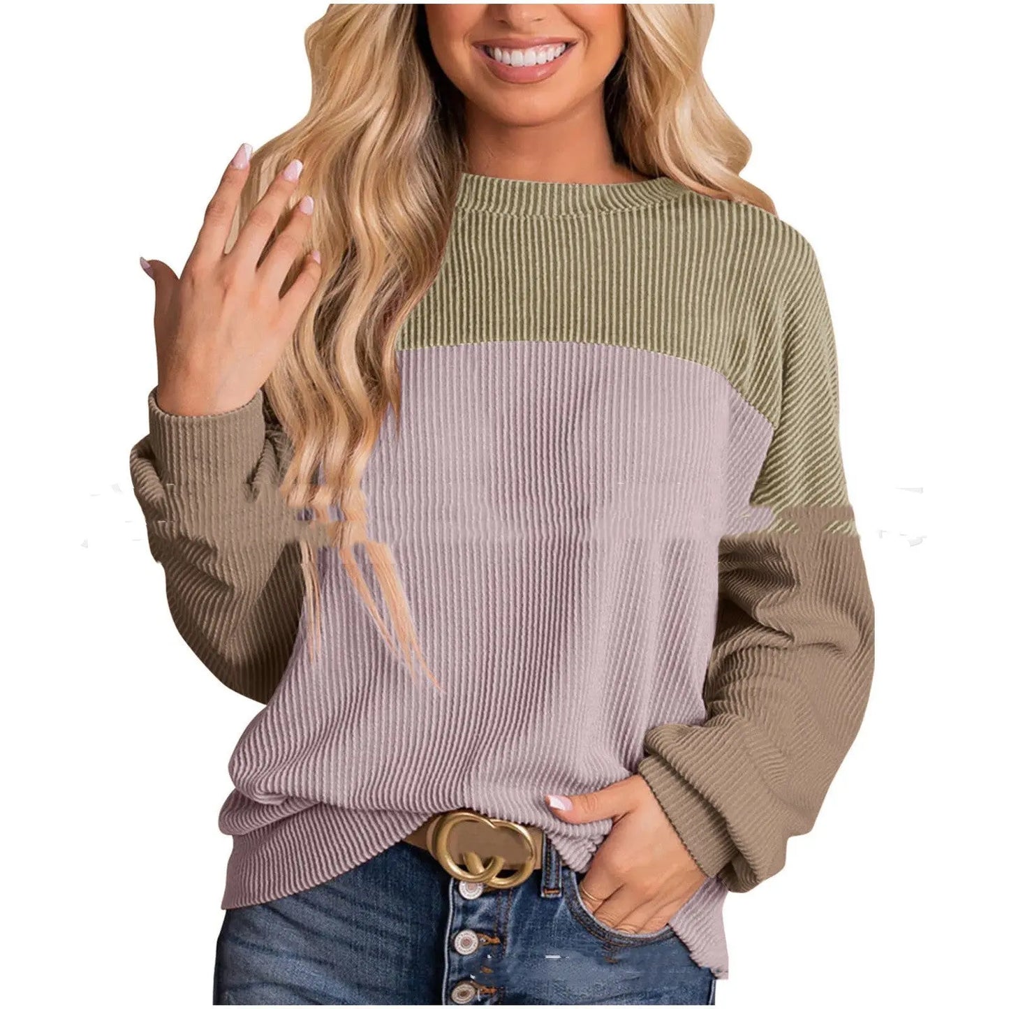 Women's Colour Blocking Round Neck Long Sleeved Sweater - InsPrint