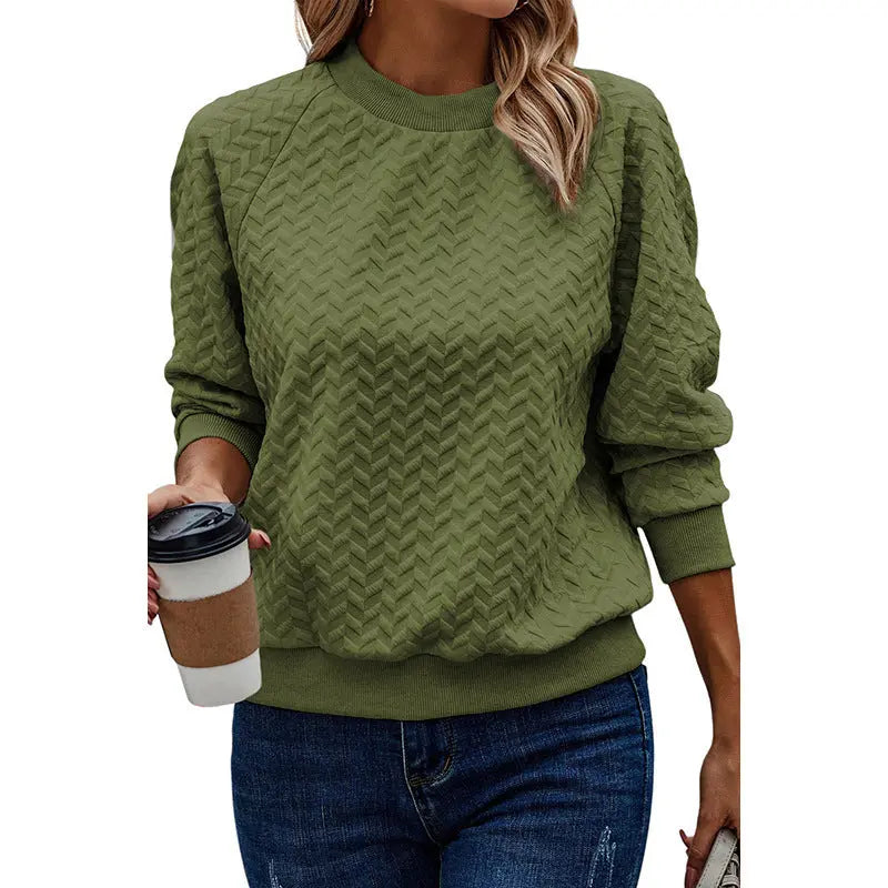 Solid Color Textured Round Neck Sweater - InsPrint