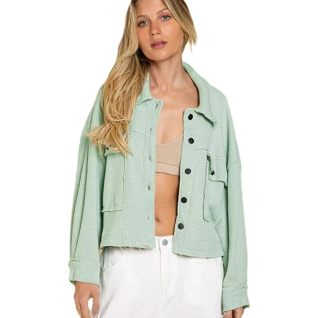 Women's Waffle Cardigan Short Top Jacket - InsPrint