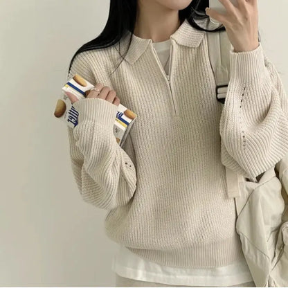 Solid Color Half Zipper Polo Collar Loose Pullover Sweater - InsPrint