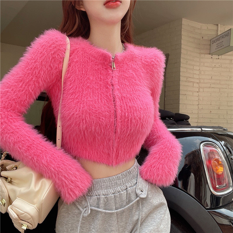 Pure Desire Style Hot Girl Mink-like Wool Short Sweater Top Elegant Slim Sexy Niche Cardigan CJMY1912096