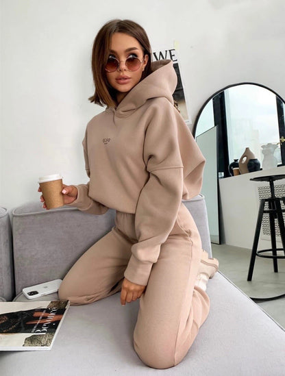 Women's Knitted Fleece Casual Suit Two-piece Set hoodie track - InsPrint