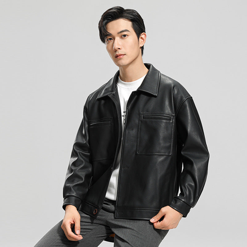 Fashion Youth Motorcycle Leather Coat Lapel Handsome Men's Jacket - InsPrint