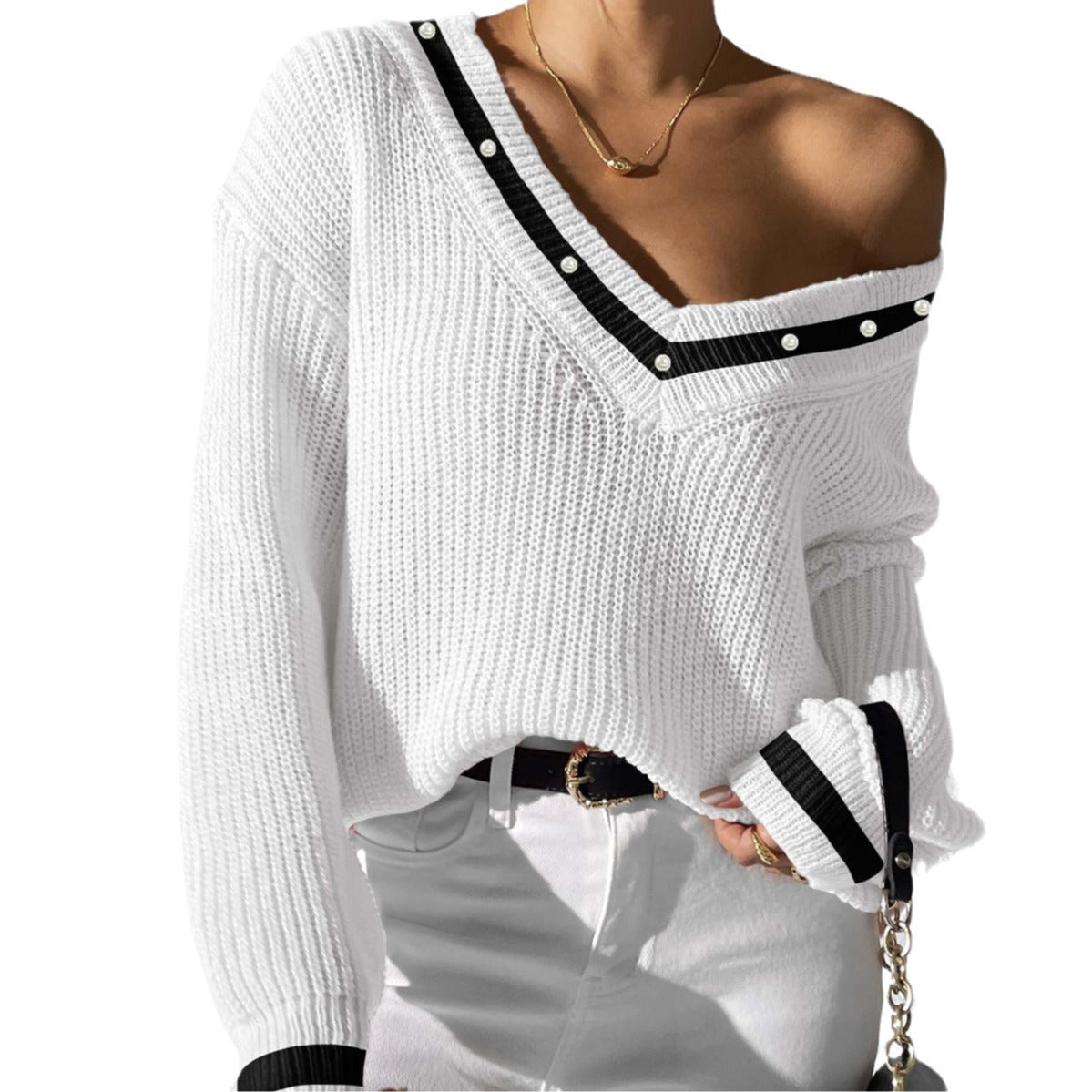 Women's Top Colour Contrast Patchwork V-neck Long Sleeve Sweater - InsPrint