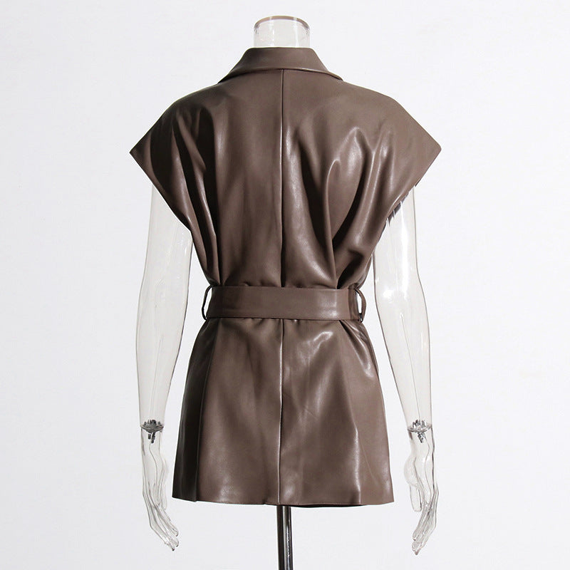 Women's Fashion Retro Elegance Sleeveless Coat PU Leather Vest jacket CJWY1912078