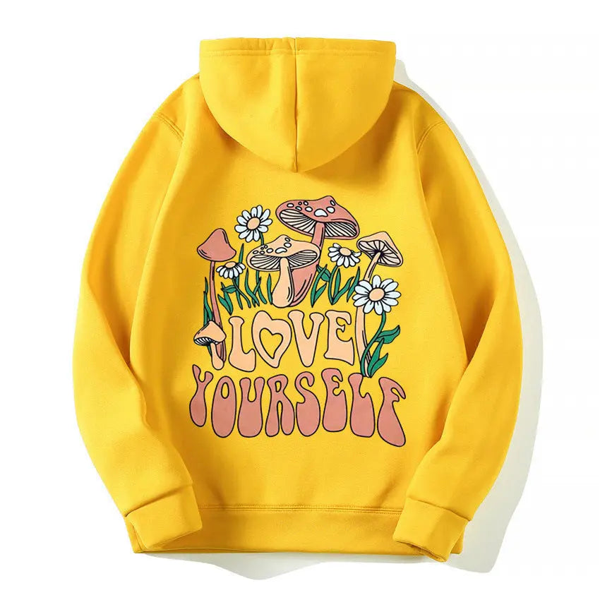 Plus Size Loose Mushroom Slogan Hoodie - InsPrint