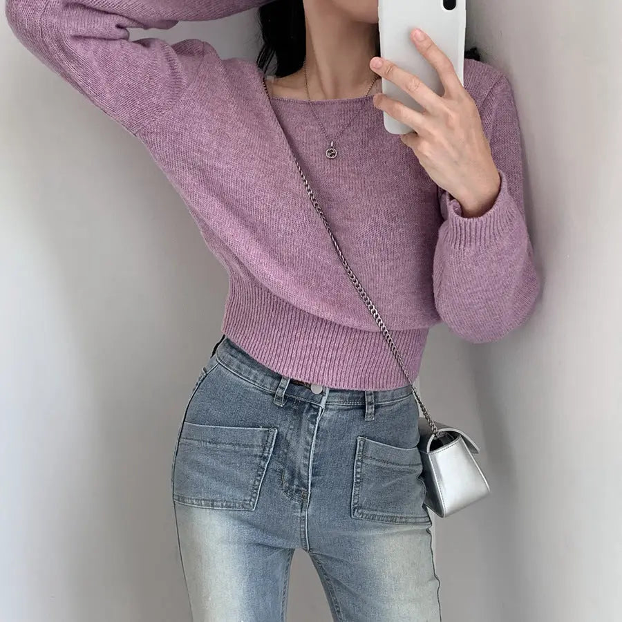 Waist-tight Hem Long Sleeve Pullover Short Sweater - InsPrint