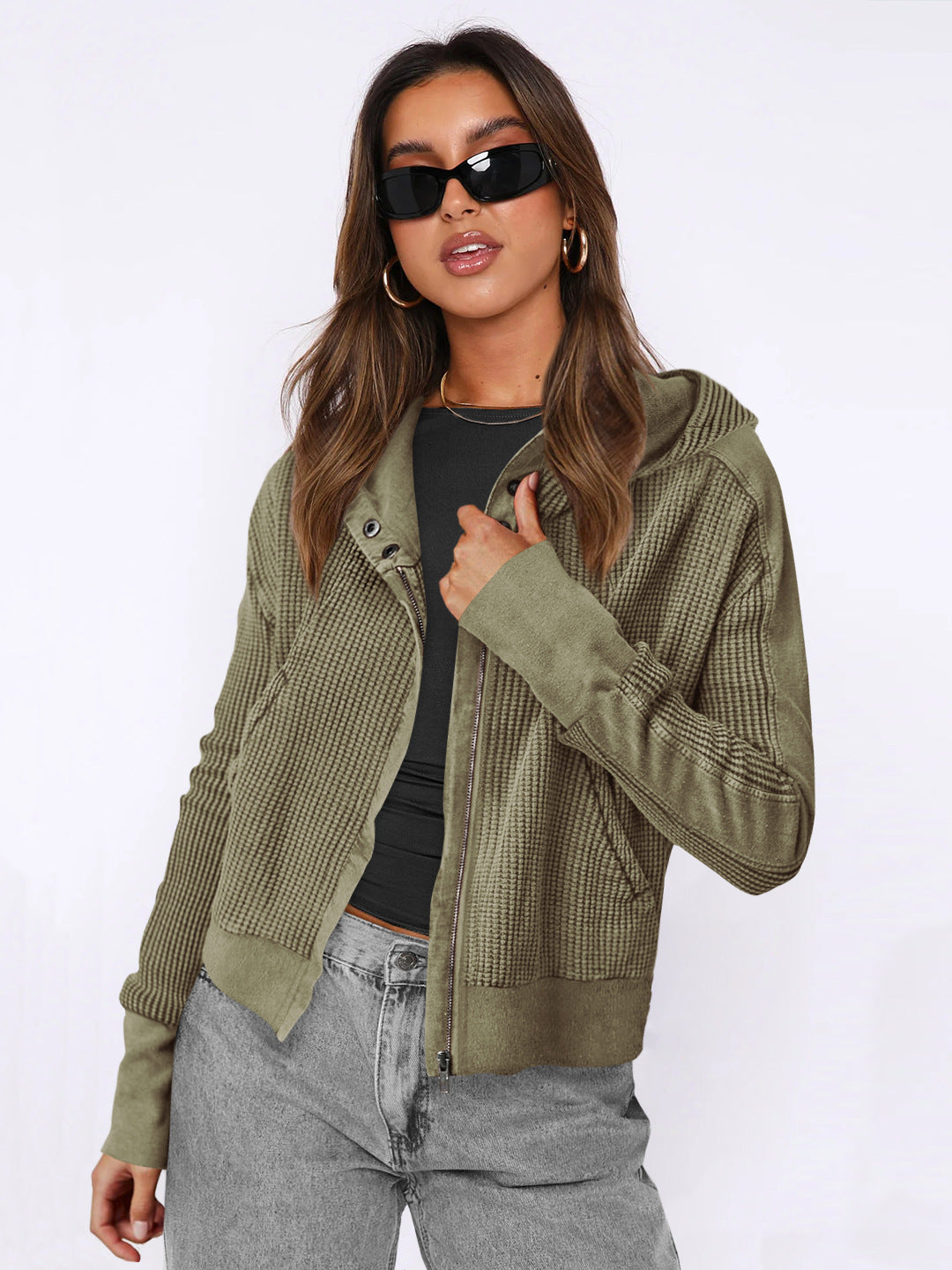 Patchwork Sweater Long Sleeve Cardigan Casual Zipper Top - InsPrint